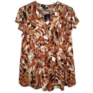 NWT Cocomo Plus Size 2X Hues of Brown Geo Print Pintuck Short Flutter Sleeve Top